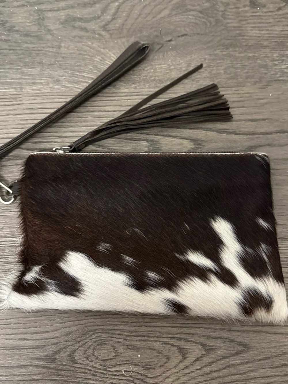 Western Linens Cowhide Leather Wristlet Clutch in Brown and White